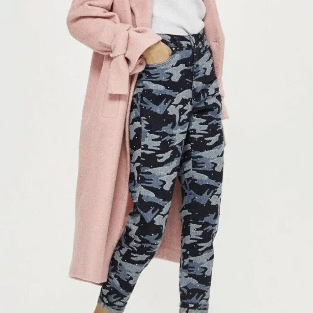 Topshop NEW Moto Mom Jeans High Waisted Jewel Studs Camo Diamante Denim Women's - Picture 9 of 17